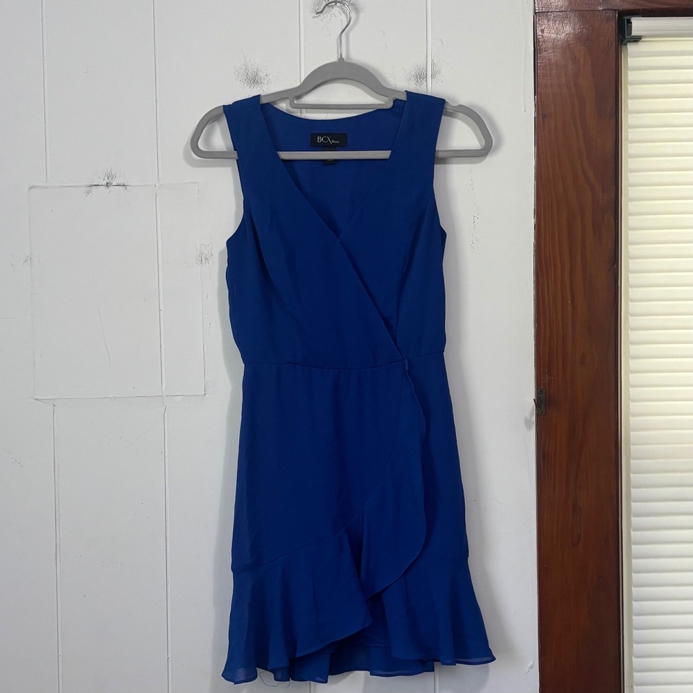 BCX Dress Womens Small Royal Blue Ruffle Hem V-Neck Faux‎ Wrap Mini Dress Cobalt